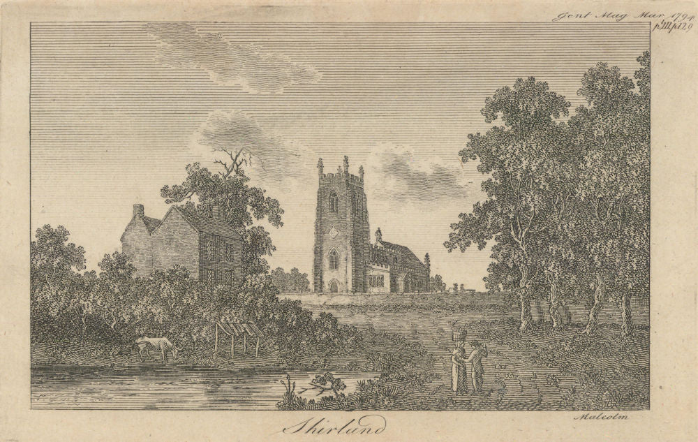 View of St. Leonards Church at Shirland, Derbyshire 1794 old antique print